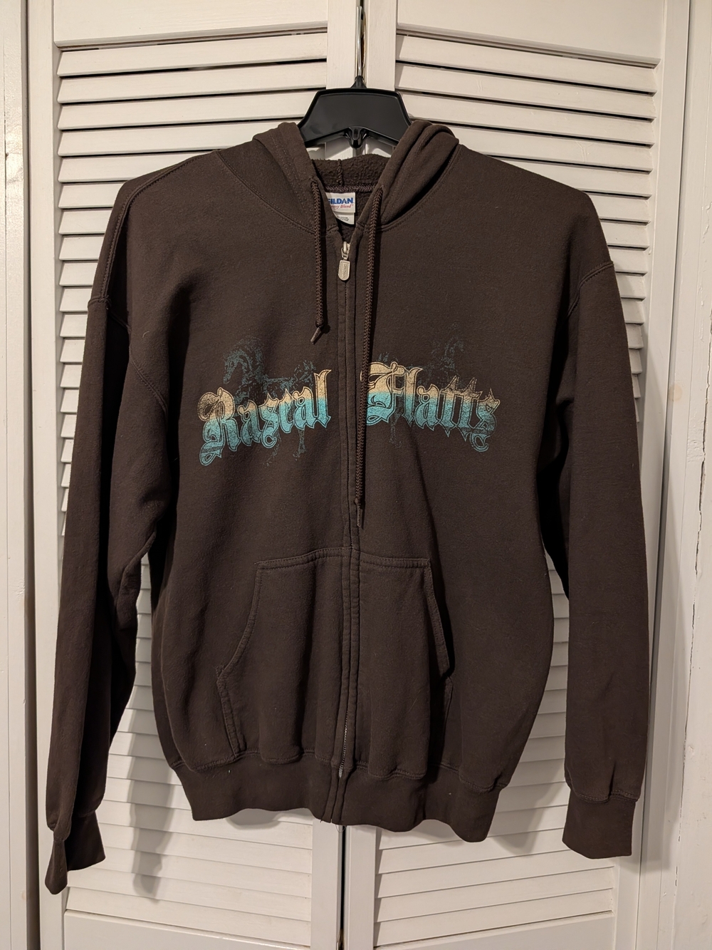 Women's Gildan Brown Zip Hoodie with Teal and Cream Graphic